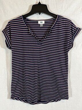 Old Navy Shirt Sleeved Navy Maroon Striped Shirt XS